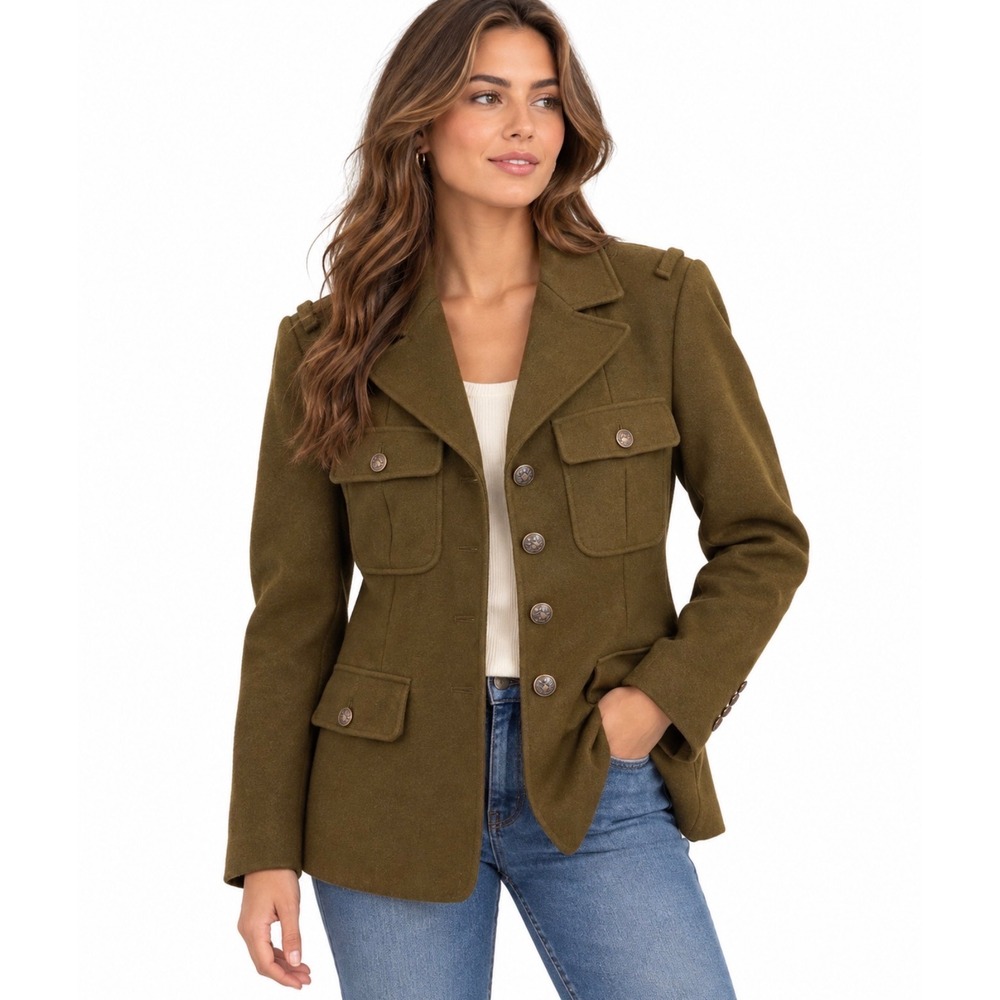 VTG Fossil Wool Blend Military Field Jacket Womens Size M Green Y2K Utilitarian